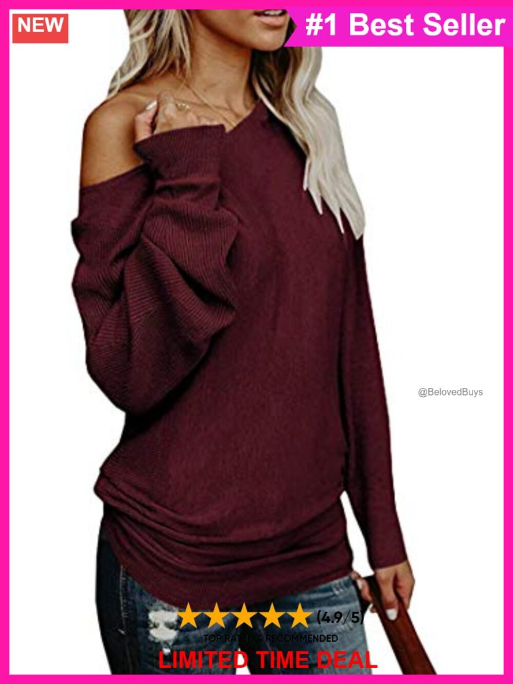 Off Shoulder Oversized Knit Sweater Batwing Long Sleeve Tunic Pullover